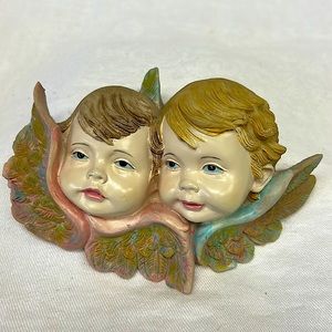 Vintage Italian plaster 3D  “Guardian Angels “  hand  painted wall plaque